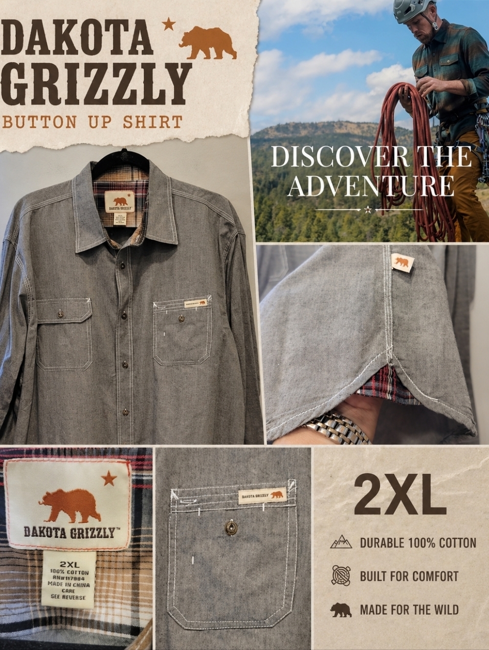 Sz 2XL Dakota Grizzly Button Up Shirt Rugged Wear